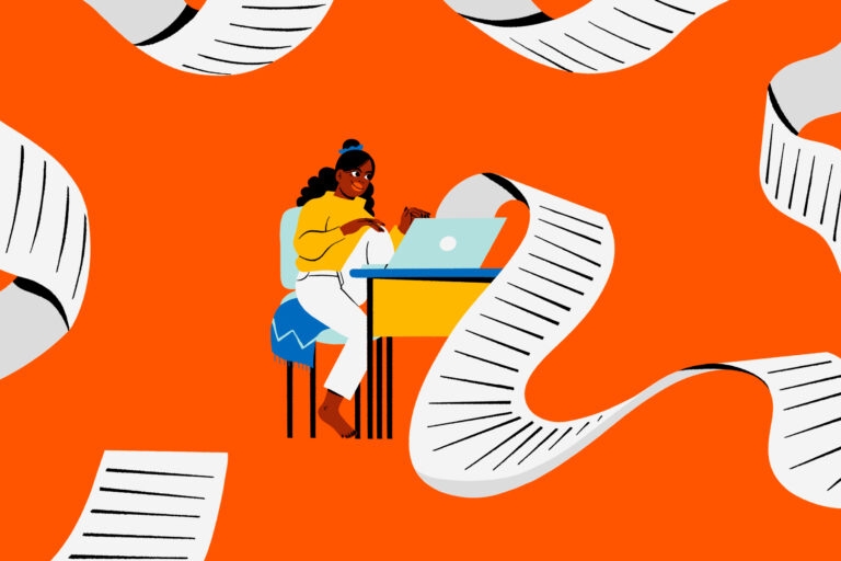 Illustration of someone writing on their laptop with long reel of paper coming out like a printer