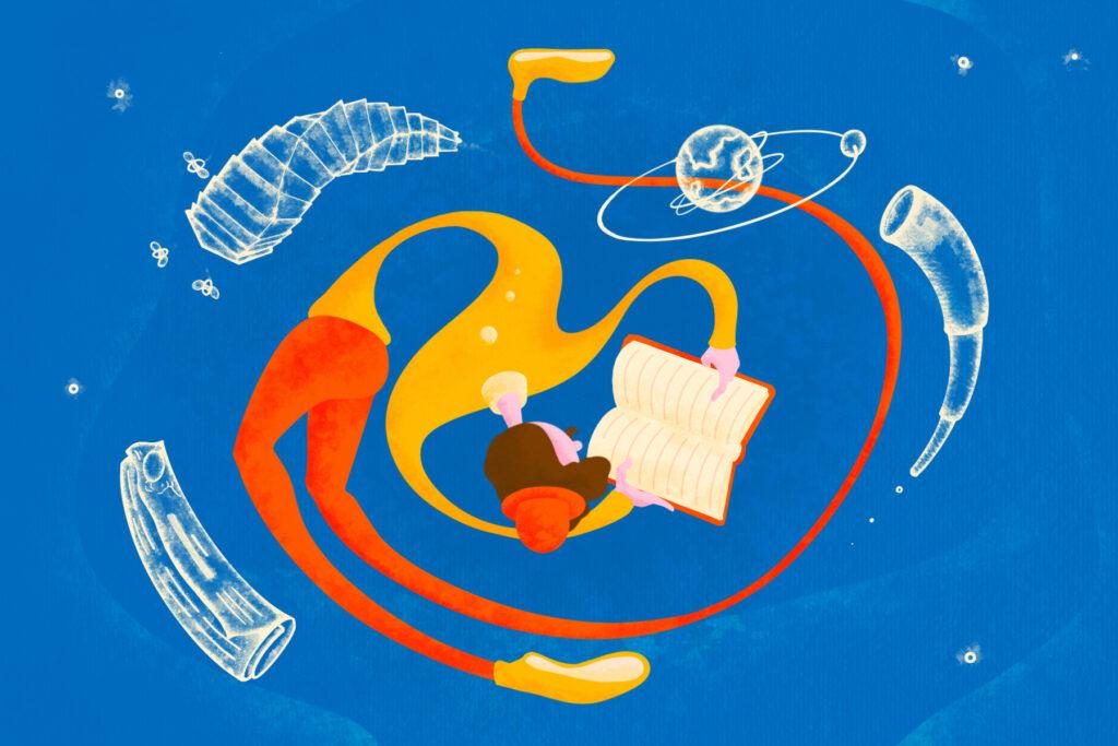 A drawing of a stretched-out person holding onto a copy of Ulysses against a blue background