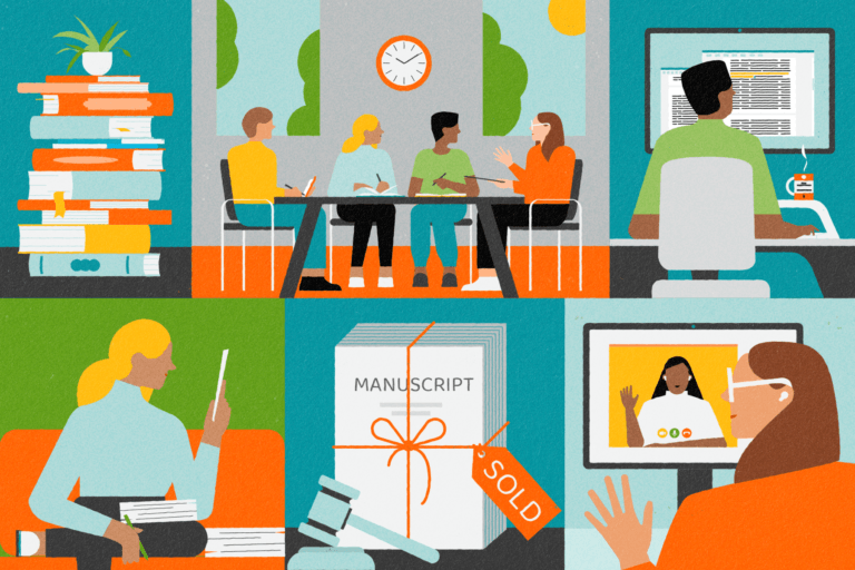 Illustration of all the different aspects of editorial: meetings, emails, reading, zoom meeting with author.