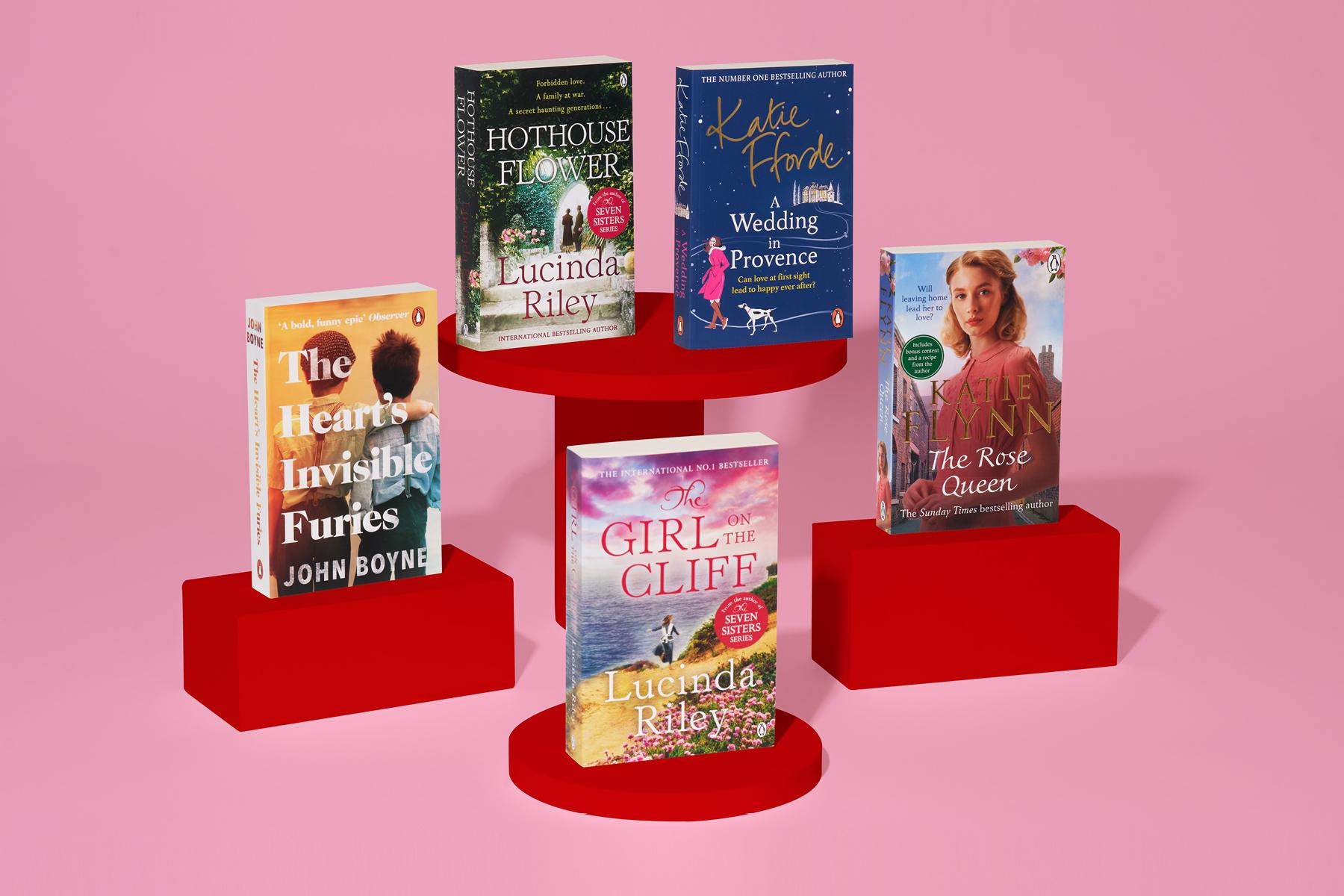 Five books in the historical romance bundle: Hothouse Flower by Lucinda Riley, A Wedding in Provence by Katie Fforde, The Heart's Invisible Furies by John Boyne, The Girl on the Cliff by Lucinda Riley, and The Rose Queen by Katie Flynn.